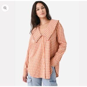 EUC English Factory Orange Check Ruffled Collar Shirt
